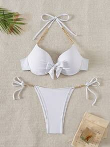 SHEIN Swim Conjunto de bikini de unicolor para mujer con correa de cadena para combinar con las vacaciones de verano, sujetador de cuello halter con aro