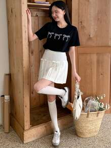 DAZY Women Loose-Fit Round Neck T-Shirt With Bow Detail Print And Bow Decoration Cute Tops