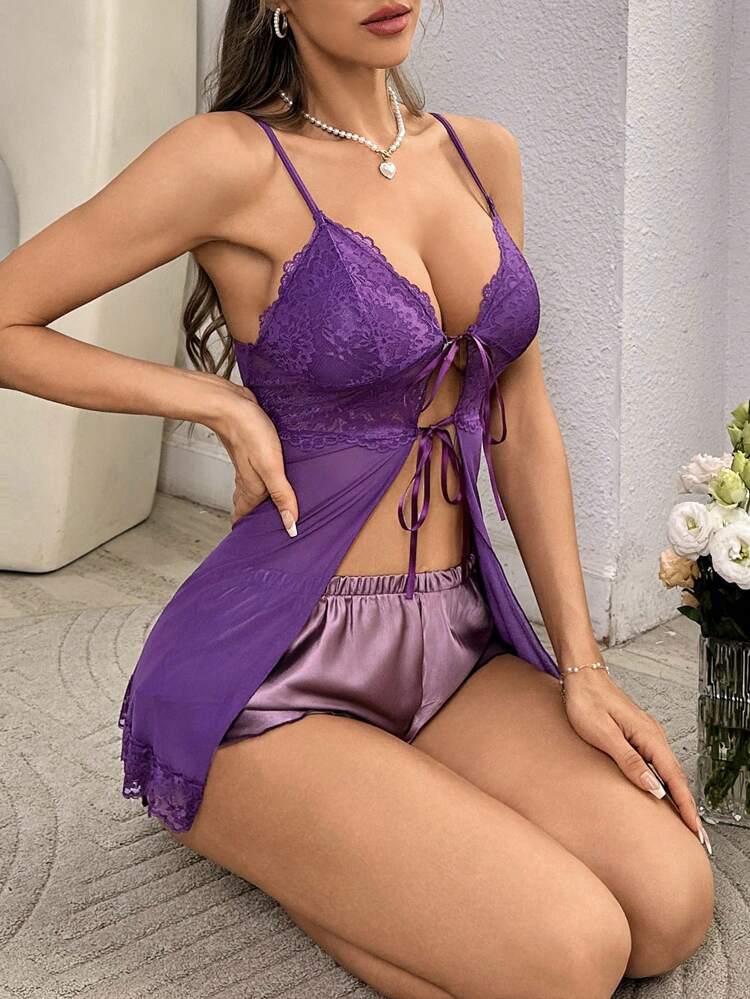 Women Contrast Lace Mesh Sexy Cami Top & Shorts Pajama Set