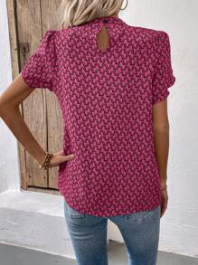 EMERY ROSE Women Fashion Stand Collar Printed Puff Sleeve Shirt - Hot Pink - View 2