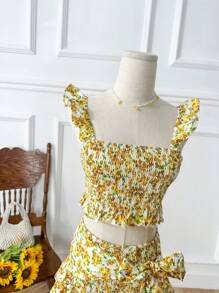 Soleia Women's Floral Print Cap Sleeve Ruffled Top With Bow & Ruffled Trim Layered Skirt 2pcs/Set - Yellow - View 5