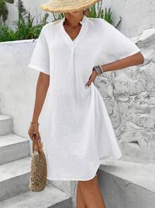 Breezaya V-Neck A-Line Short Sleeve Dress - White - View 6