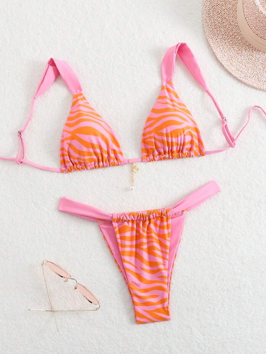 SHEIN Swim Bãi biển mùa hè dành cho nữ Bộ bikini đi nghỉ in hình ngựa vằn đơn giản và thời trang, in ngẫu nhiên - Nhiều màu - Xem 1
