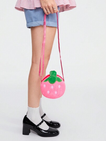 Kawaii Bolso de mujer de hombro y cruzado lindo con bordado de fresa de peluche, ideal para San Valentín