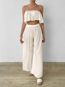 SHEIN Swim Summer Beach 2pcs Lady Casual Ruffle Edged Top And Pants Cover Up Set - Beige - View 7