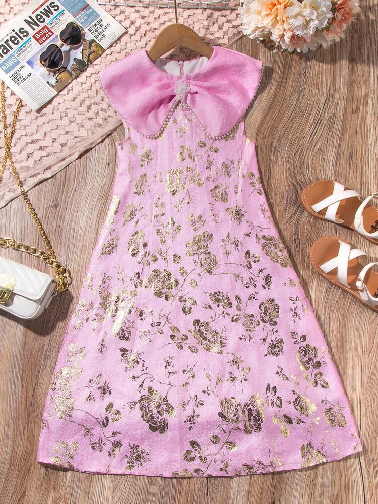 Tween Girl Gorgeous Jacquard Dress With Glittering Fabric, Pearl Chain Decoration And Large Bow Collar