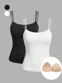 SHEIN Essnce 2 szt. Proste, czarno-białe koszulki na ramiączkach z usztywnianym biustonoszem, odpowiednie dla kobiet w dużych rozmiarach w lecie - Czarne i Białe - Zobacz 1