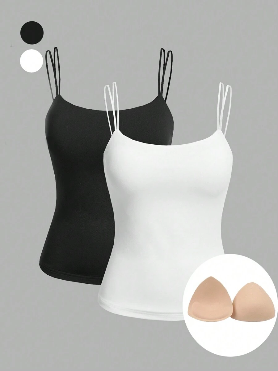 SHEIN Essnce 2 szt. Proste, czarno-białe koszulki na ramiączkach z usztywnianym biustonoszem, odpowiednie dla kobiet w dużych rozmiarach w lecie - Czarne i Białe - Zobacz 1
