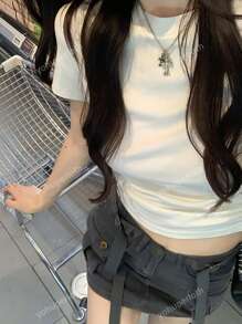 Casual Solid Color Cropped Pleated Short Sleeve T-Shirt, Summer