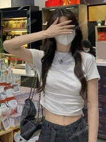 Casual Solid Color Cropped Pleated Short Sleeve T-Shirt, Summer
