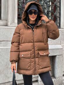 EURMUSE Essnce Front Flap Pocket Zip Up Hooded Puffer Winter Coat - Brown - View 6