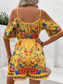 EMERY ROSE Flower Print Spaghetti Strap Women's Jumpsuit - Yellow - View 2