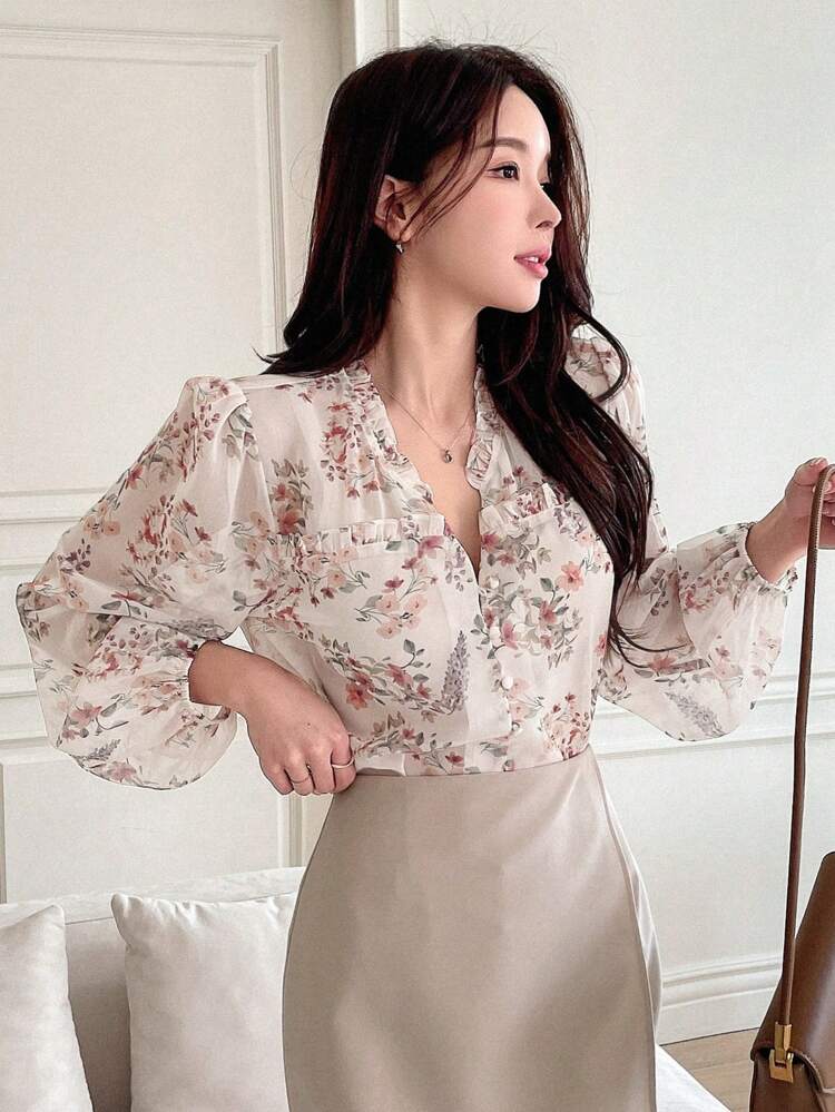 Women Loose Fit Long Sleeve Shirt With Floral Print And Frill Edges, Open Placket With Buttons Summer Vacation Outfits Women Easter Boho