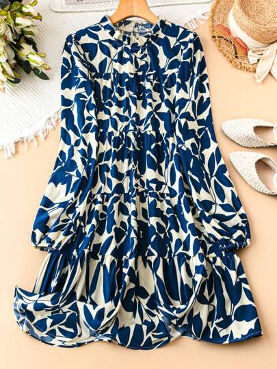 SHEIN Clasi Random Plant Printed Women Stand Collar Lantern Loose Doll Dress With Ruffle Hem Fall Cloth For Women