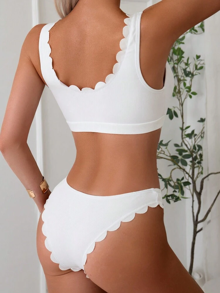 Ladies Solid Color Scallop Bikini Set, Summer Beach Vacation