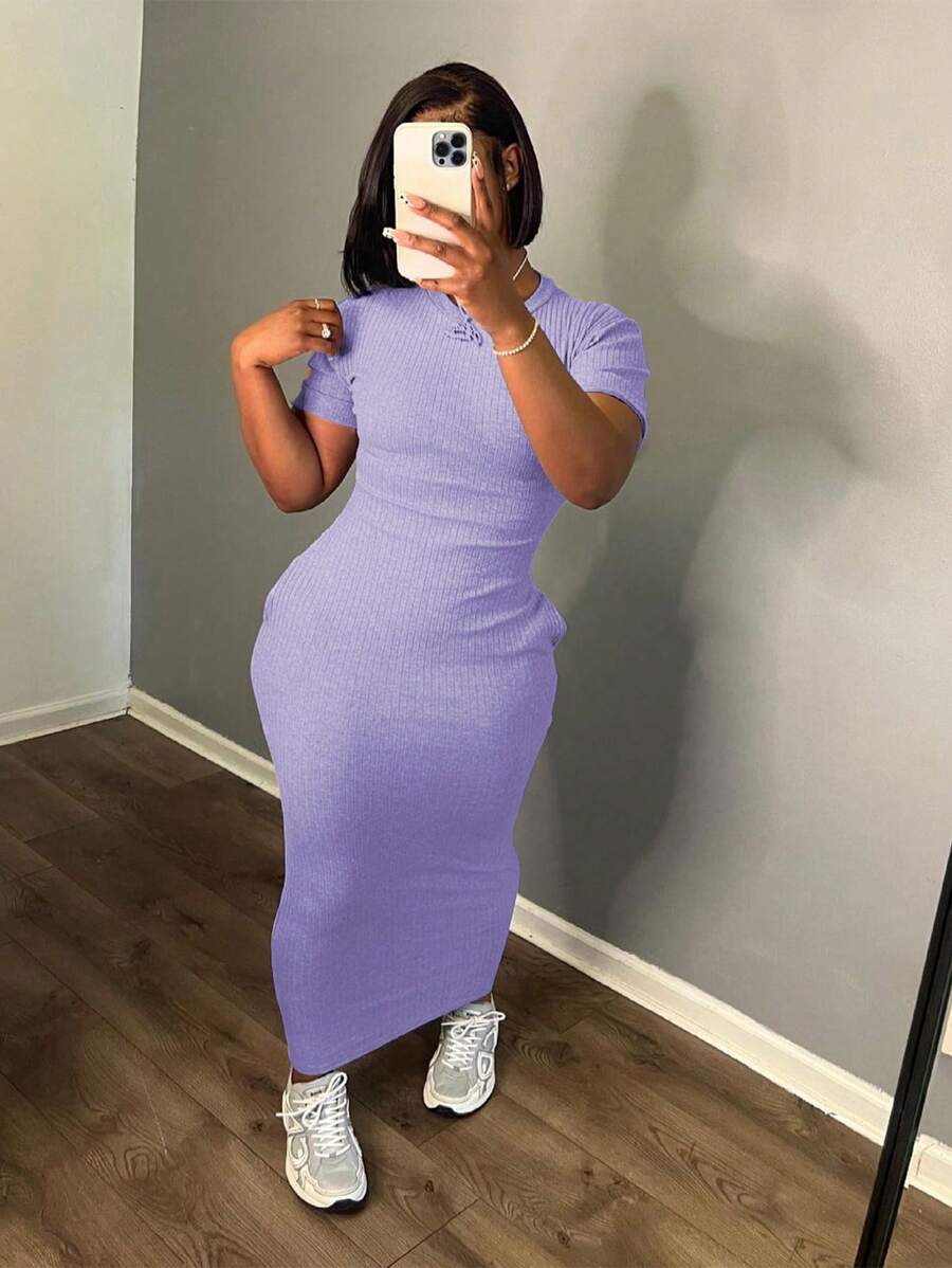 Châu Âu Và Châu Mỹ Thời Trang Cổ Tròn Bodycon Gân Vải Thân Thiện Với Da Váy Dài Vừa Gợi Cảm Và Phong Cách - Màu tím - Xem 1