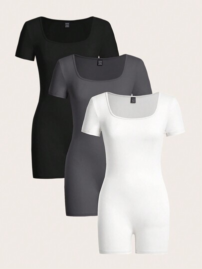 SHEIN EZwear Conjunto de 3 piezas Mono informal para mujer con cuello cuadrado y manga corta, mono de verano ajustado