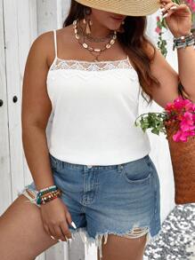 SHEIN Franclia Haut de camisole de loisirs de vacances de grande taille à empiècement en dentelle de couleur unie