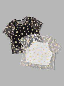 SHEIN Essnce 4-Piece Set Of Women Spring & Summer Sunflower And Floral Patterned Mesh T-Shirt With Round Neckline, Includes Tank Top Inside - Multicolor - View 4