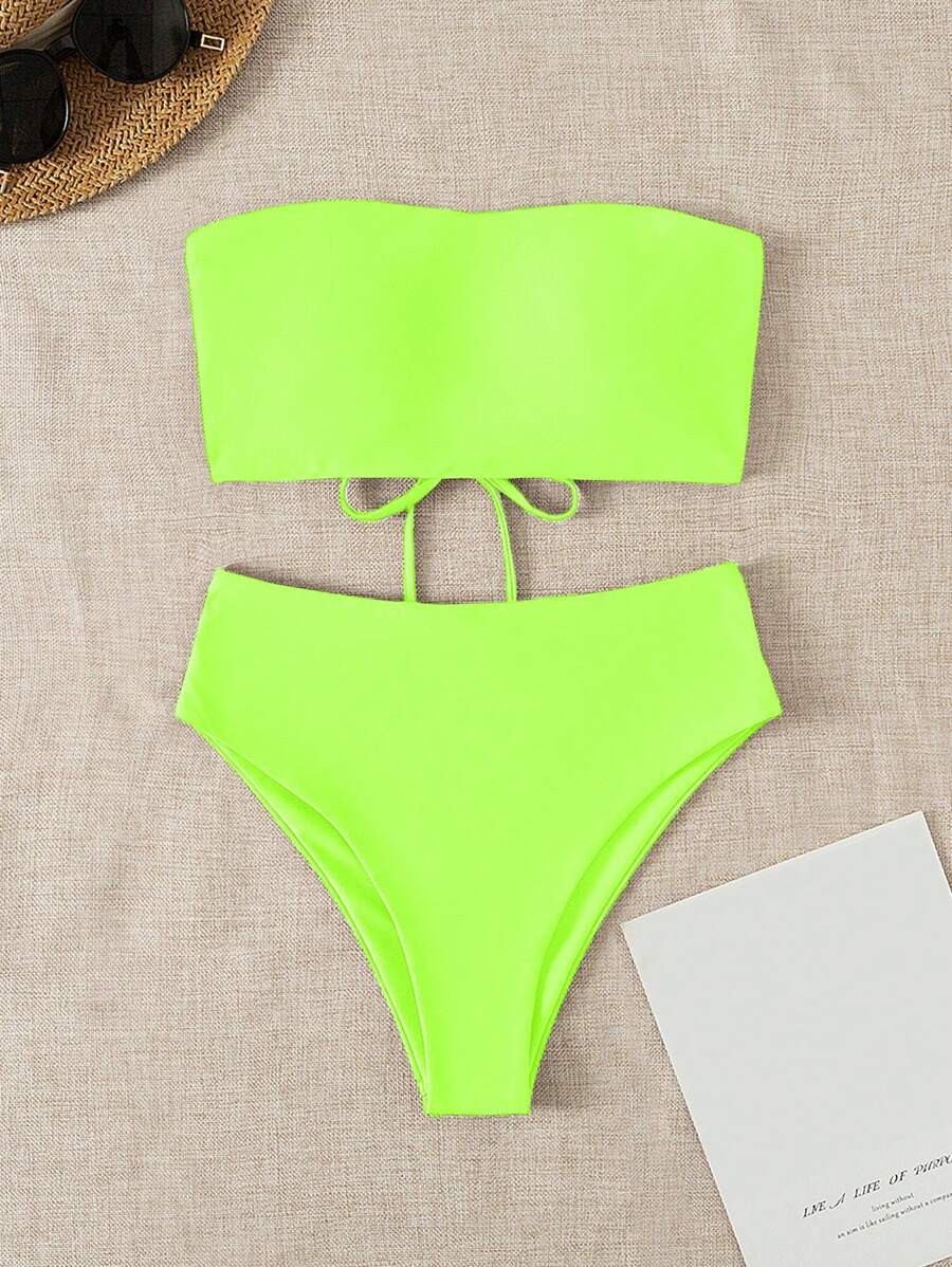 SHEIN Swim Summer Beach Vacation Solid Reversible Strapless Neon Bikini Set Bathing Suit - Lime Green - View 1