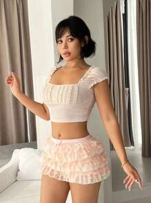 Sweetina Y2k Summer Spring Outfits Puff Sleeve, Lace, Ruched, And Frilled Decoration Fitted T-Shirt