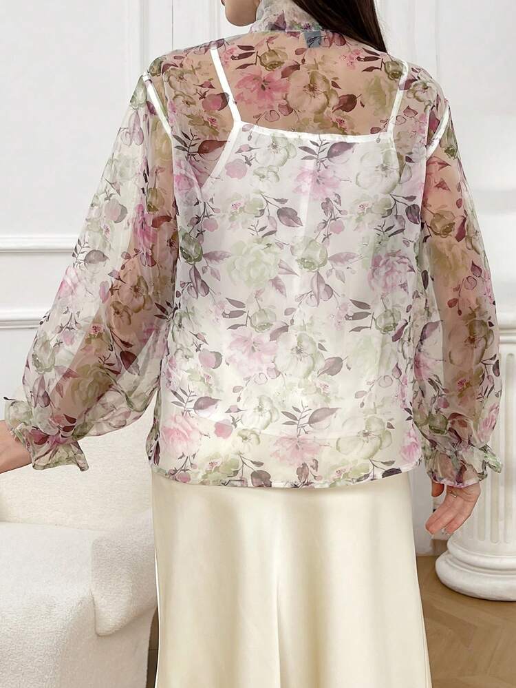 Ladies' Elegant Floral Print Tie Neckline Blouse For Spring And Summer