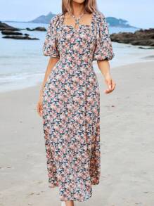Mulvari Vestido árabe de manga abullonada con estampado floral completo para mujer