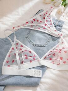 PetitDoll Women Sexy Mesh Heart Print Wireless Bra & Thong Panty Lingerie Set