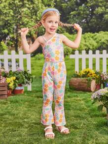 SHEIN Cô Gái Trẻ In hoa Cổ không đối xứng Áo & Quần ống loe Bộ - Nhiều màu - Xem 4