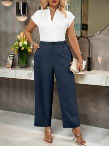 Celure Plus Size Women Solid Color Simple Daily Trousers - Navy Blue - View 5