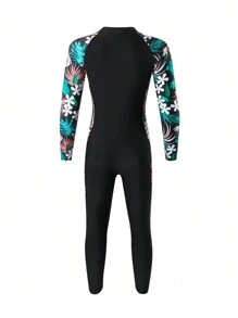 花卉印花拉鍊前開式泳衣 - 黑色 - 查看 2