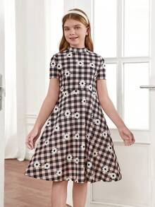 SHEIN Váy Tween Girl cổ đứng đơn giản Gingham Váy ngắn tay dài vừa phải - Màu Khaki - Xem 5