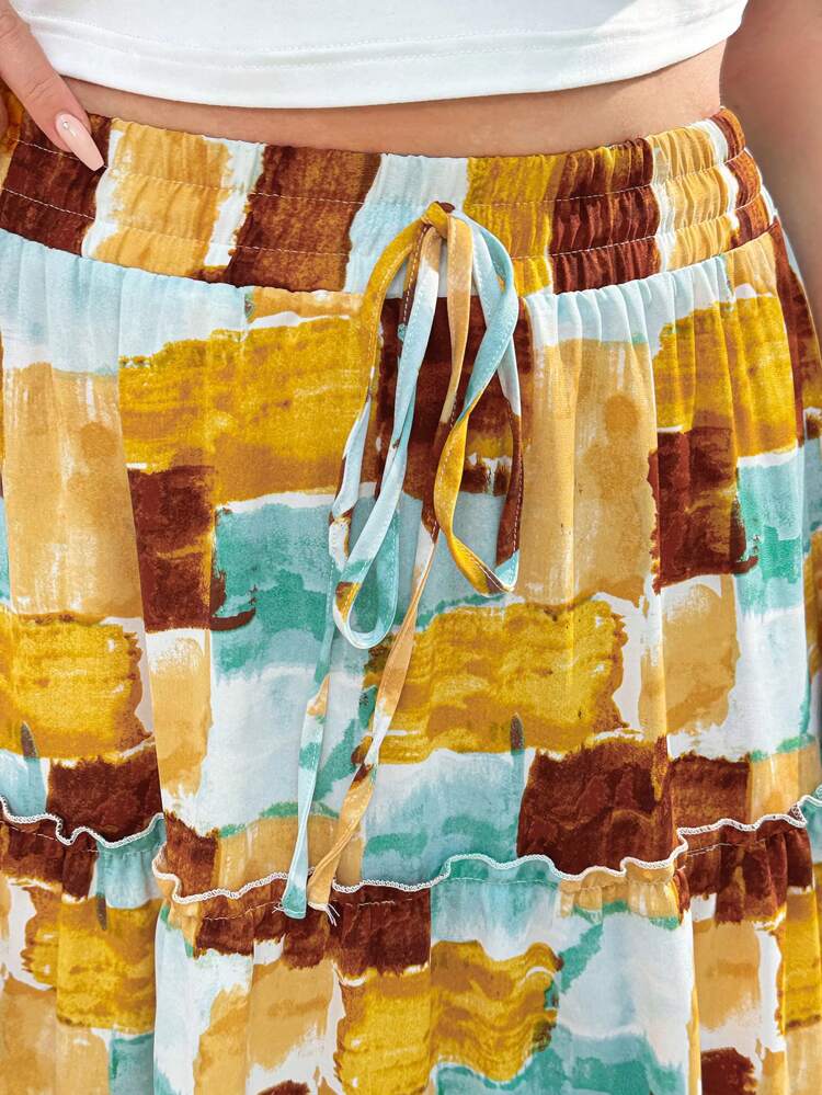 Women Summer Vacation Tie-Dye Plaid Slit  Plus Size Skirt