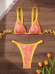 SHEIN Swim Conjunto bikini de dos piezas con impresión aleatoria, contraste de ribetes neón y copas acolchadas desmontables, ideal para la playa en verano