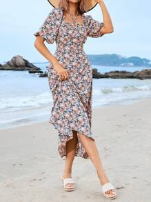 Mulvari Vestido árabe de manga abullonada con estampado floral completo para mujer