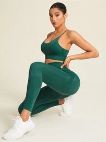 SHEIN Sport Studio Frauen Seamless Hohe Elastizität Sportanzug: Kurzes Cross-Back Einfarbig Weste und Leggings