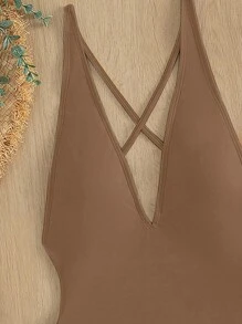SHEIN Swim 夏季海灘交叉帶無背單件泳衣，適用於海灘假期 - 咖啡棕 - 查看 6
