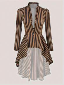 SHEIN Unity Viền không đối xứng Sọc Ống tay áo Áo sơ mi - Cà phê nâu - Xem 1