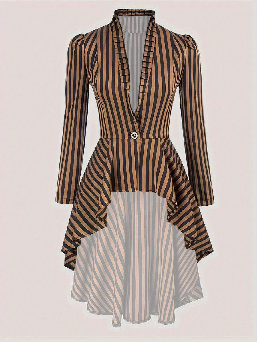 SHEIN Unity Viền không đối xứng Sọc Ống tay áo Áo sơ mi - Cà phê nâu - Xem 1