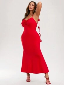 SHEIN BAE Elegant Plus Size Women Knitted Solid Color Bodycon Long Dress With 3D Flower