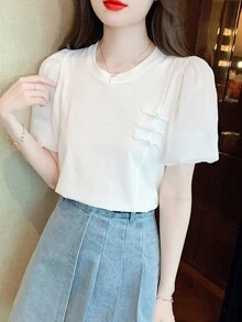 Women Round Neck Cheongsam Button Solid Color Spring/Summer Short Sleeve Top - White - View 3