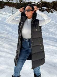 RueChic Padded Vest With Hood For Women, Contrast Metal Zipper And Snap Buttons, Warm Padding - Black - View 4