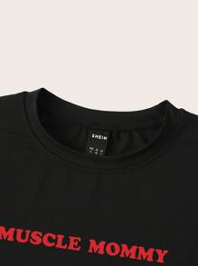SHEIN Unity 母亲节女士夏季红色标语短款 T 恤 - 黑色 - 查看 3