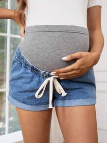 SHEIN Shorts de Maternidade Descontraídos de Cintura Baixa em Jeans Para Uso Casual - Azul - Visão 4