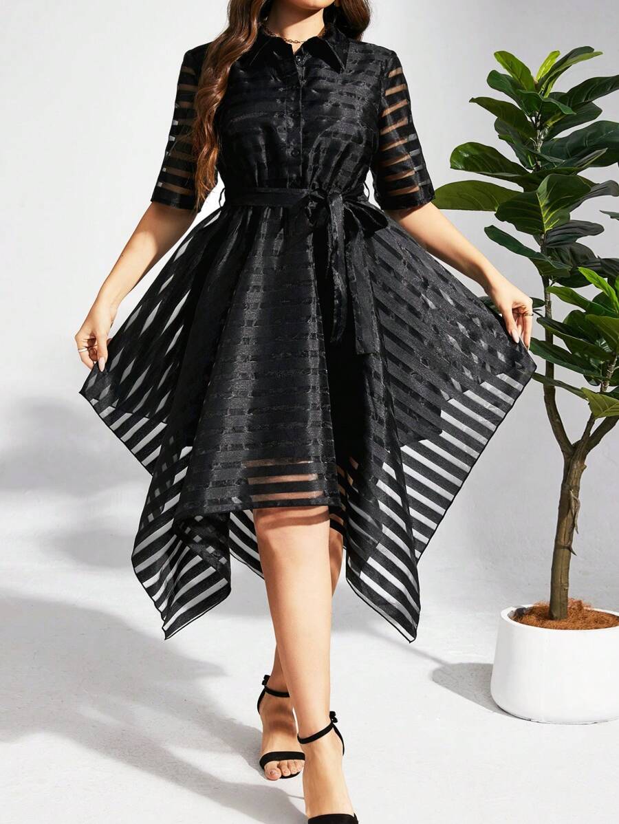 SHEIN Clasi 女式加大码时尚黑色条纹设计收腰不对称下摆连衣裙黑色优雅连衣裙欧根纱连衣裙女士优雅连衣裙 - 黑色 - 查看 1