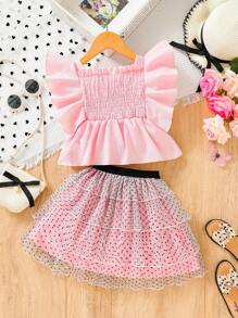 SHEIN Young Girl Summer New Gorgeous Wrap Blouse With Black Polka Dot Cake Skirt - Pink - View 2