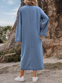 SHEIN LUNE Holiday Beach Long Denim Dress With Deep Notched Neck And Flare Sleeves Fall Cloth For Women - Light Wash - View 2