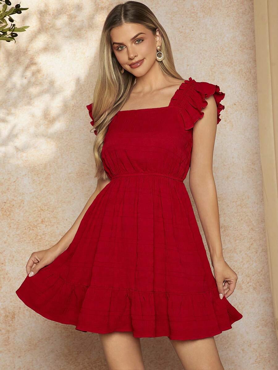 Amorya Váy trơn cổ vuông viền bèo nhún cho nữ, dành cho kỳ nghỉ hè, mùa thu/đông, trang phục nữ trở lại trường, trang phục giáo viên giản dị, cổ điển, sang trọng, dành cho nữ, sân bay - Đỏ - Xem 1