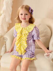 New Arrival Young Girls' Simple And Fashionable Plaid Shorts And Short-Sleeved Casual Loose 2-Piece Homewear Set - Multicolor - View 1