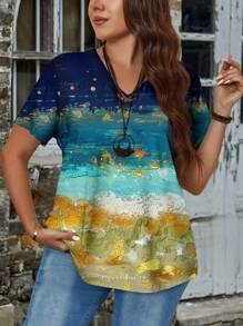 EMERY ROSE 夏季休閒復古畫風對比色圖案V領短袖緊身大碼女T恤